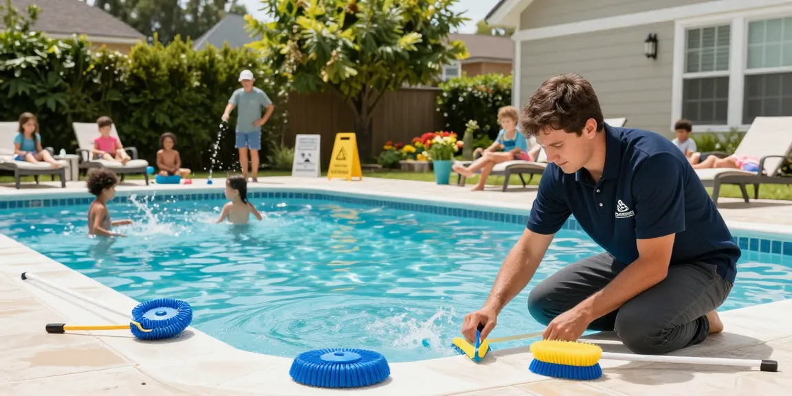 Dolphin Pool Services technician providing pool maintenance with smiling family enjoying the backyard pool.
