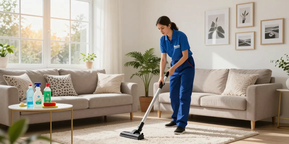 Professional cleaner from reinigungsfirma schweiz vacuuming a tidy living room with eco-friendly products, showcasing cleanliness.