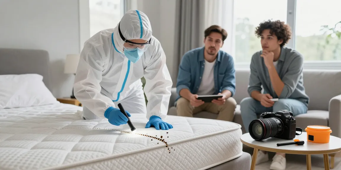 Bed bug treatment in progress as an exterminator inspects a mattress for pests.