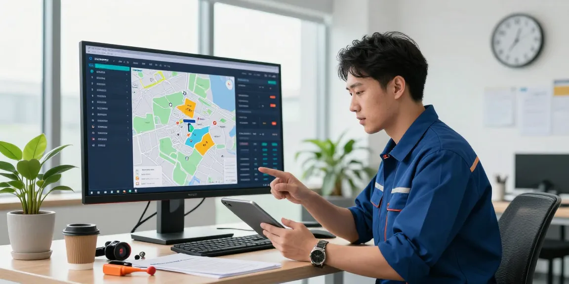 Field service management scenario showcasing software that sends jobs to technicians in a busy office setting, enhancing efficiency.