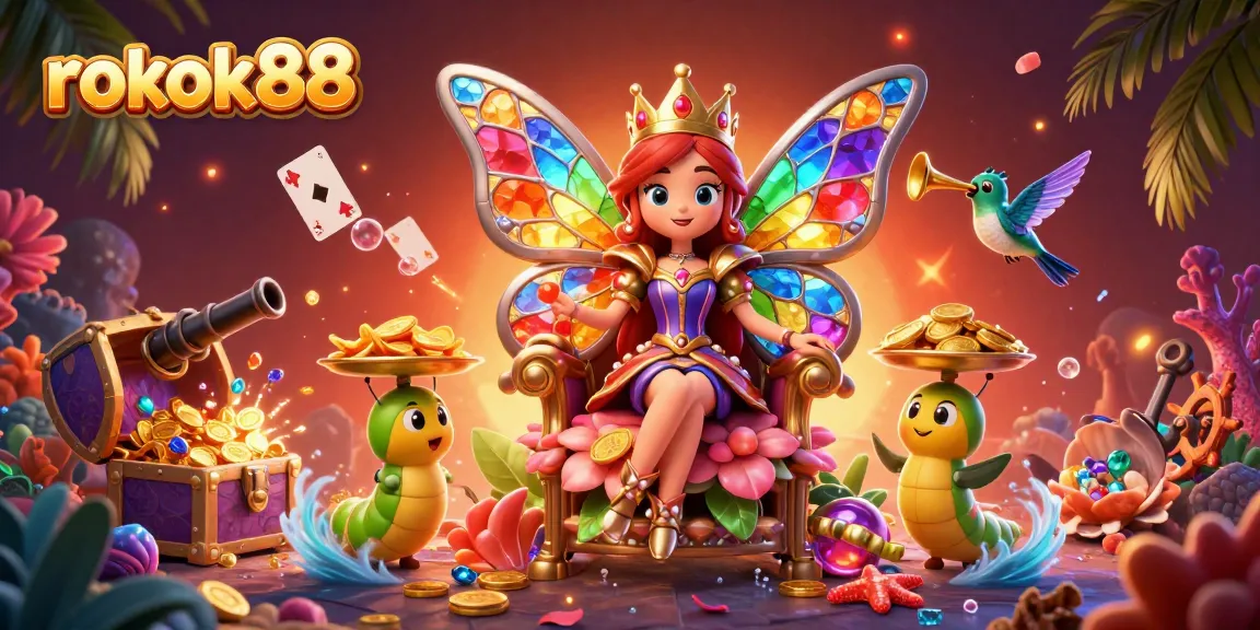 Experience the thrill of rokok88 with a vibrant scene of a butterfly queen and treasure elements set in a casino atmosphere.