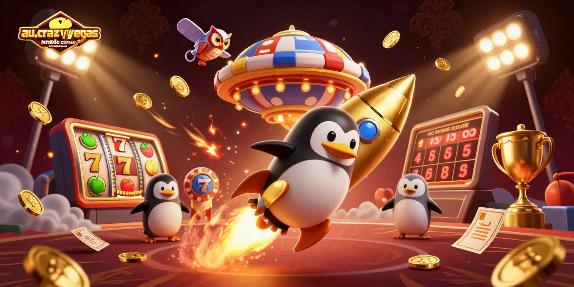 Experience the thrill of au.crazyvegas.com mobile casinos with our gold penguin racing toward a poker chip space station.