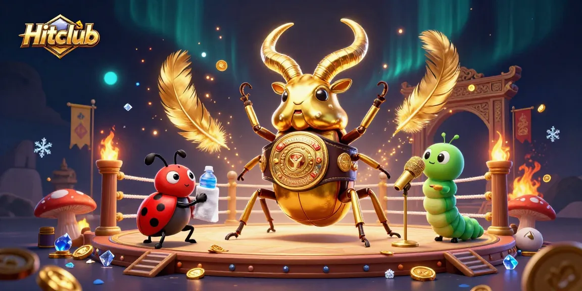 Hitclub showcases exciting gameplay with a giant golden stag beetle in an energetic boxing match atmosphere.