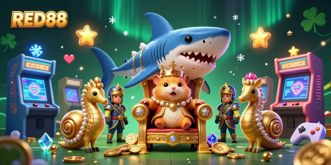 Engage with RED88's vibrant casino arcade, led by a golden hamster king amidst dynamic gaming elements.