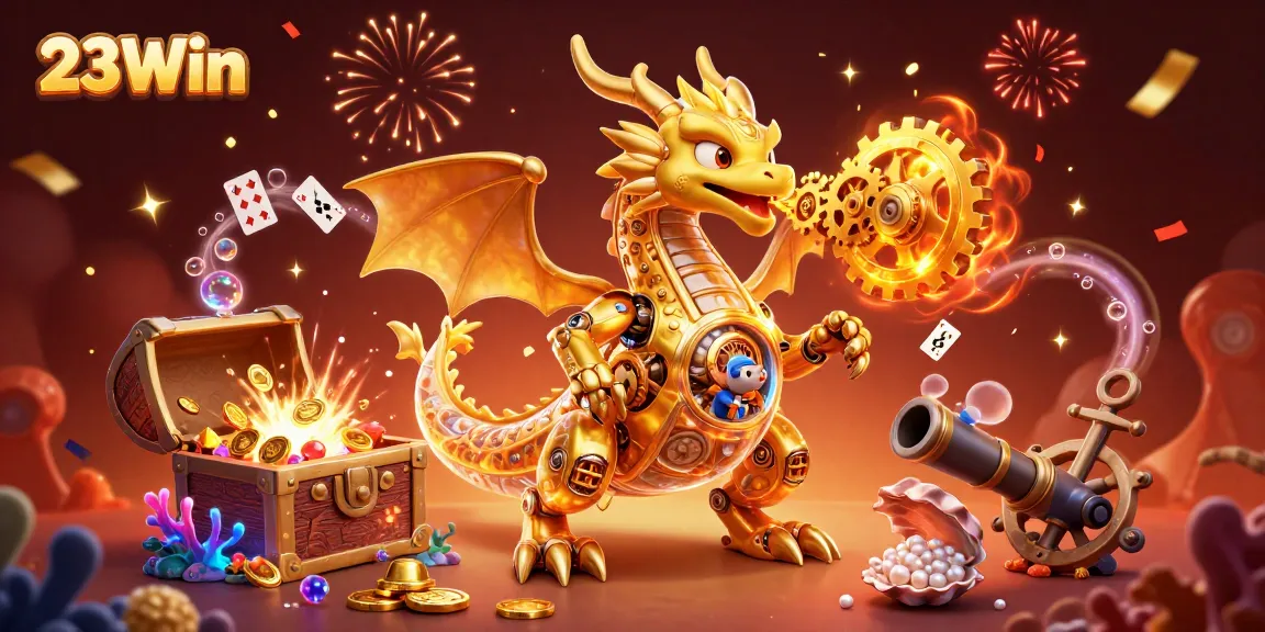Engage with thrilling action at 23Win involving a golden dragon and vibrant casino elements.